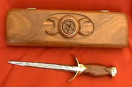 Full view of Boxed Triple Goddess Athame, displayed with matching hand-carved black bean wood box - a Handcrafted Ritual Treasure by MasterCraftsman ShadowSmith - click for enlarged view